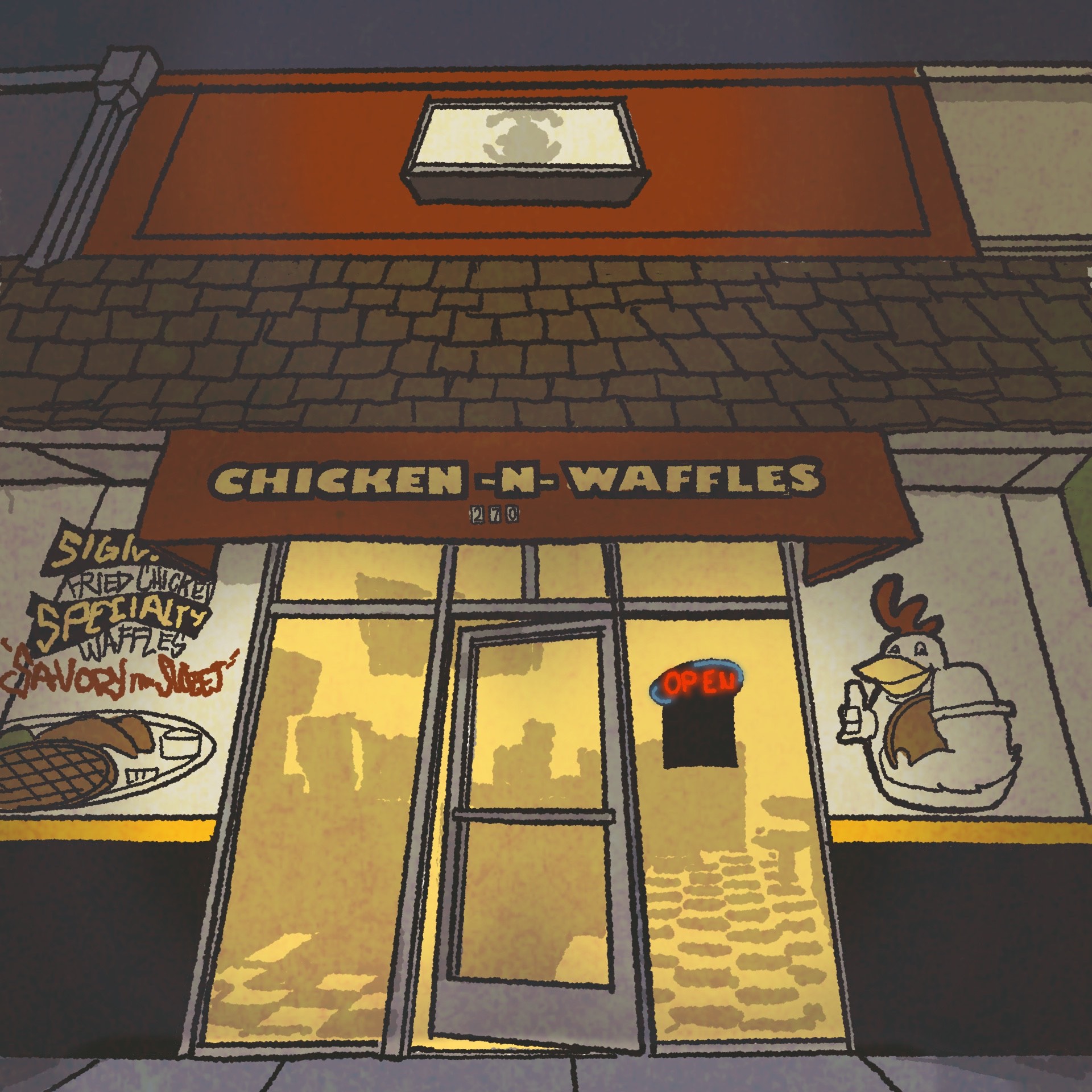 Exterior of a chicken and waffles restaurant lit up at night.