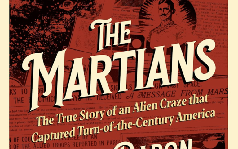 A red book cover featuring old timey newspaper headlines about Mars and alien life.
