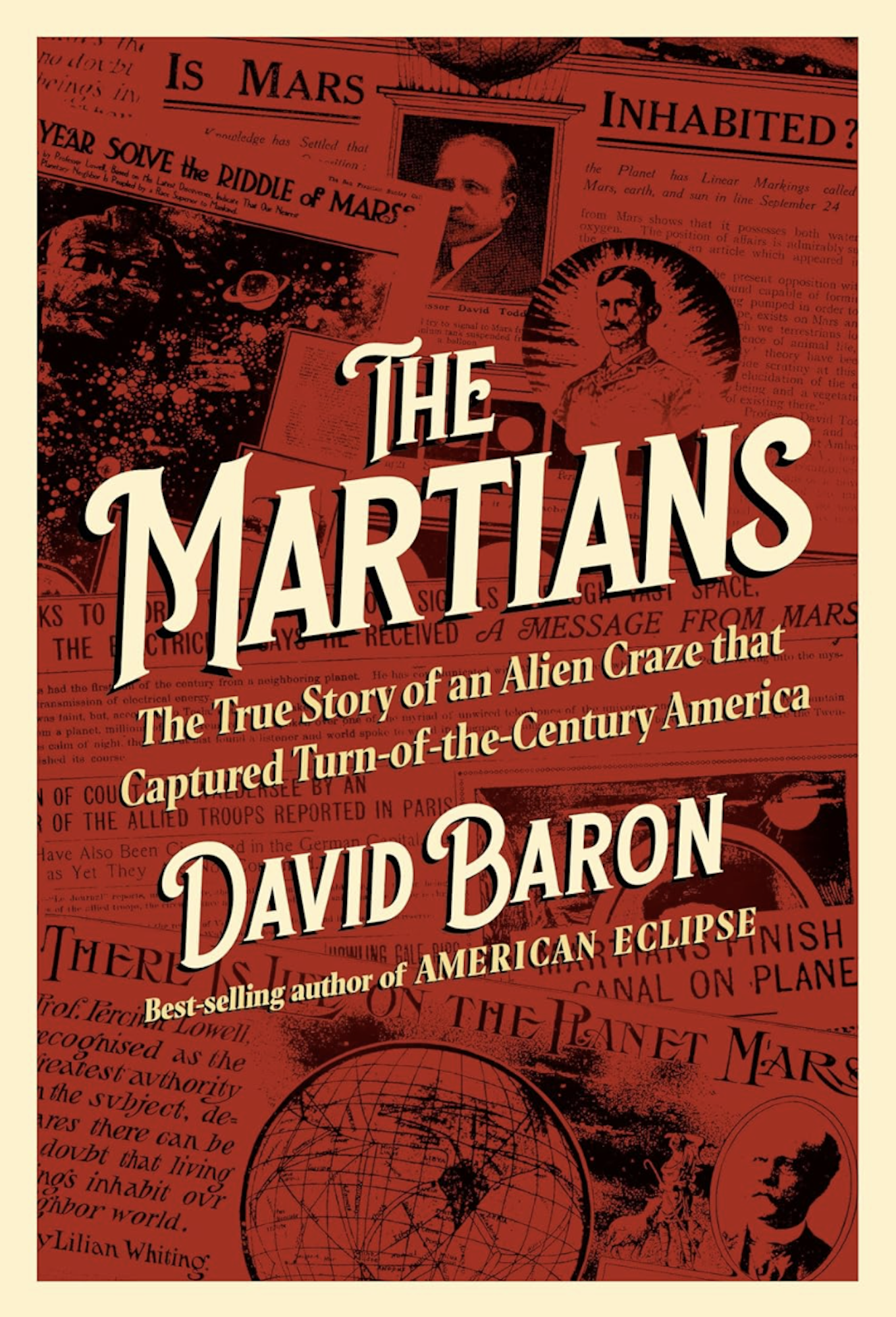 A red book cover featuring old timey newspaper headlines about Mars and alien life.
