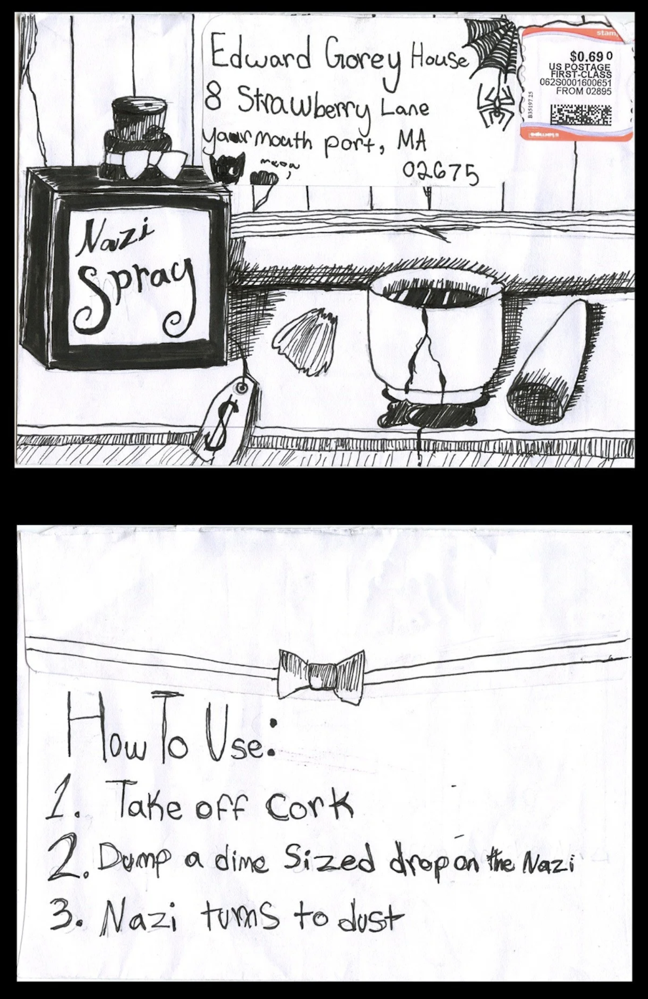 An envelope featuring a drawing of a bottle marked Nazi Spray, a cracked cup and instructions on how to turn nazis to dust.