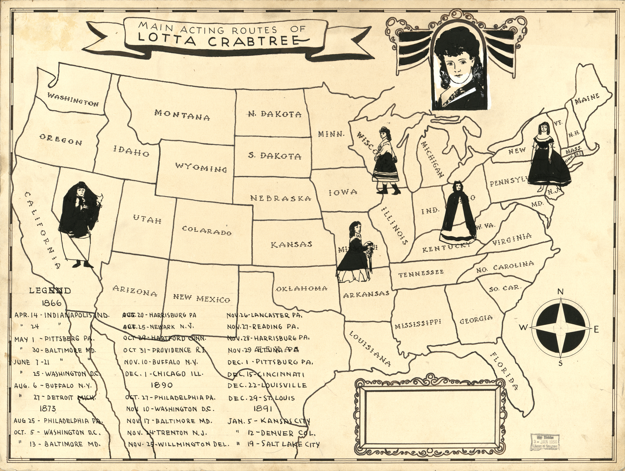 drawn US map with dates of performances