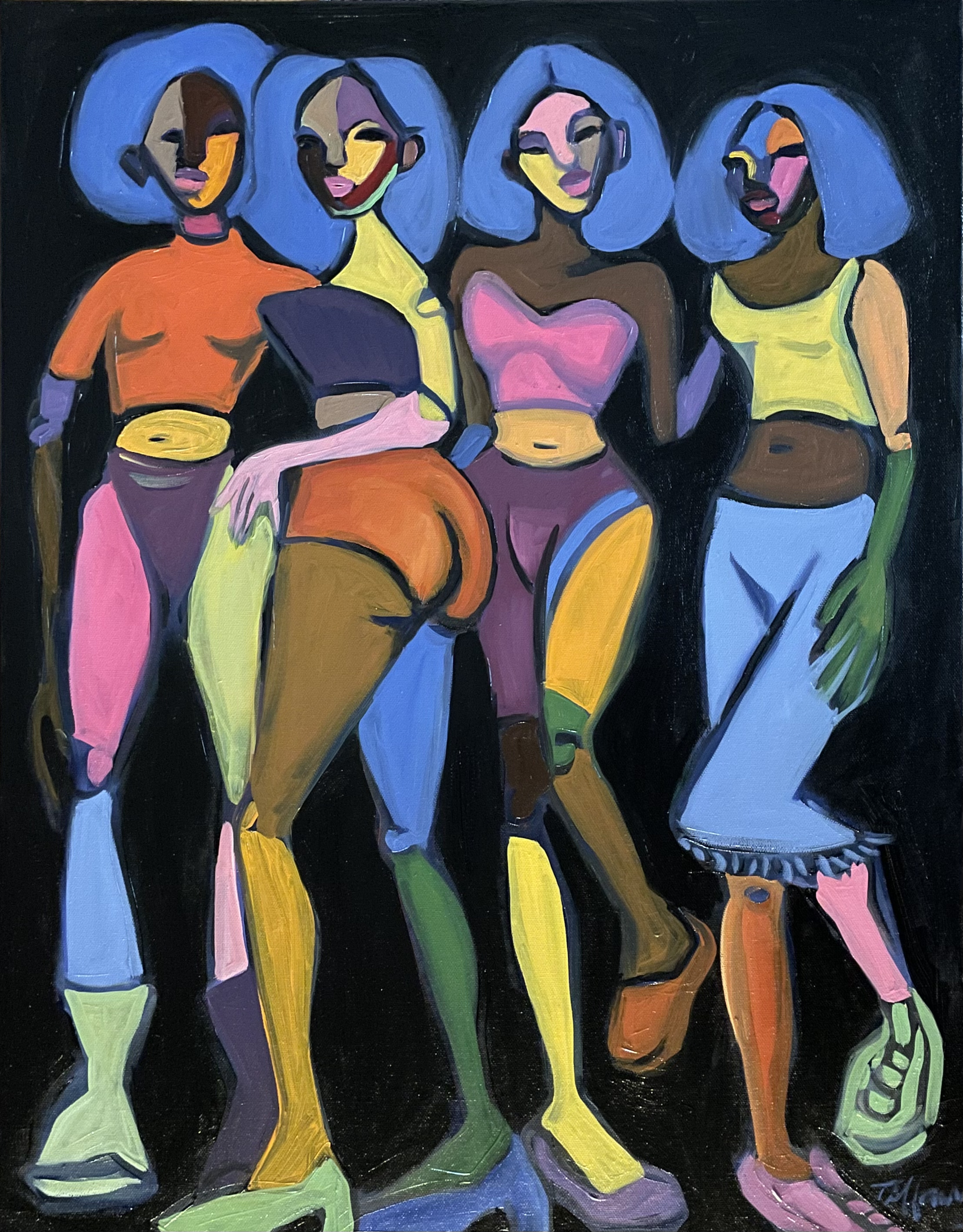 A colorful painting of four women on a black background. 