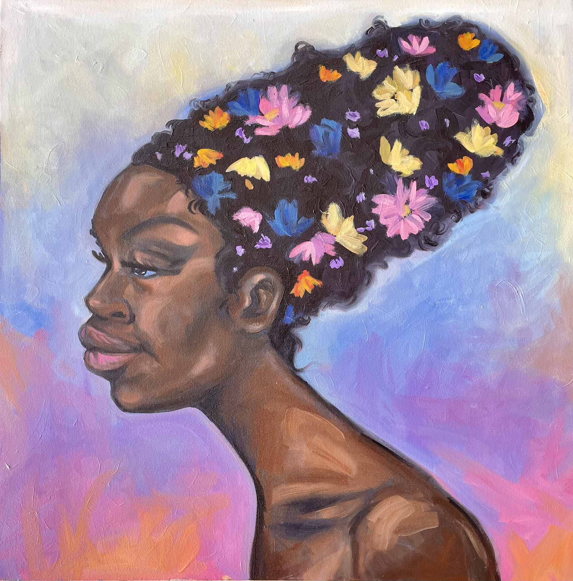 A colorful portrait of an African American woman with a cone-shaped afro adorned with flowers.