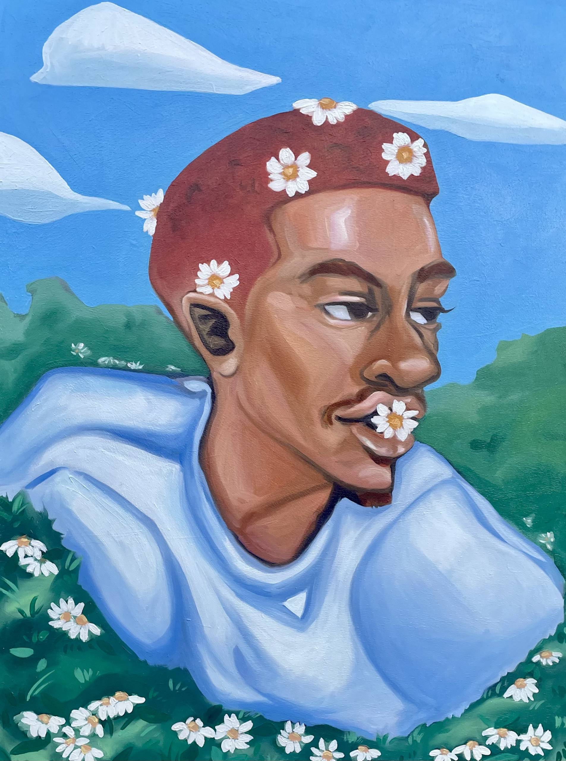 A portrait painting of an African American man in a blue shirt with a few flowers scattered throughout his hair. 