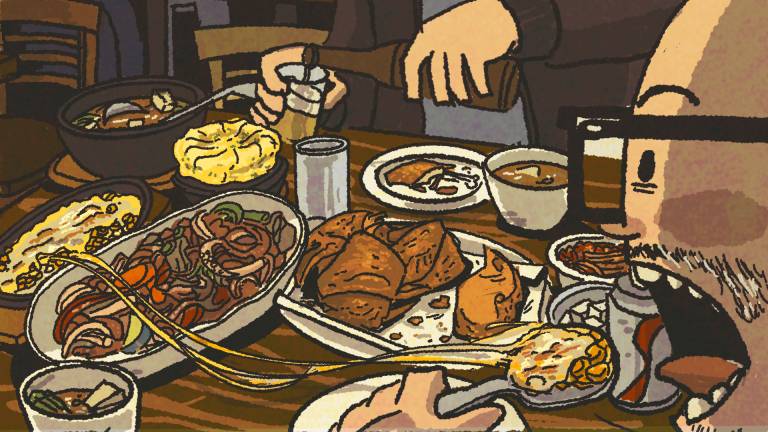 Illustration: Man devours stretchy cheesy corn while looking over a table crammed full of Korean pub food.