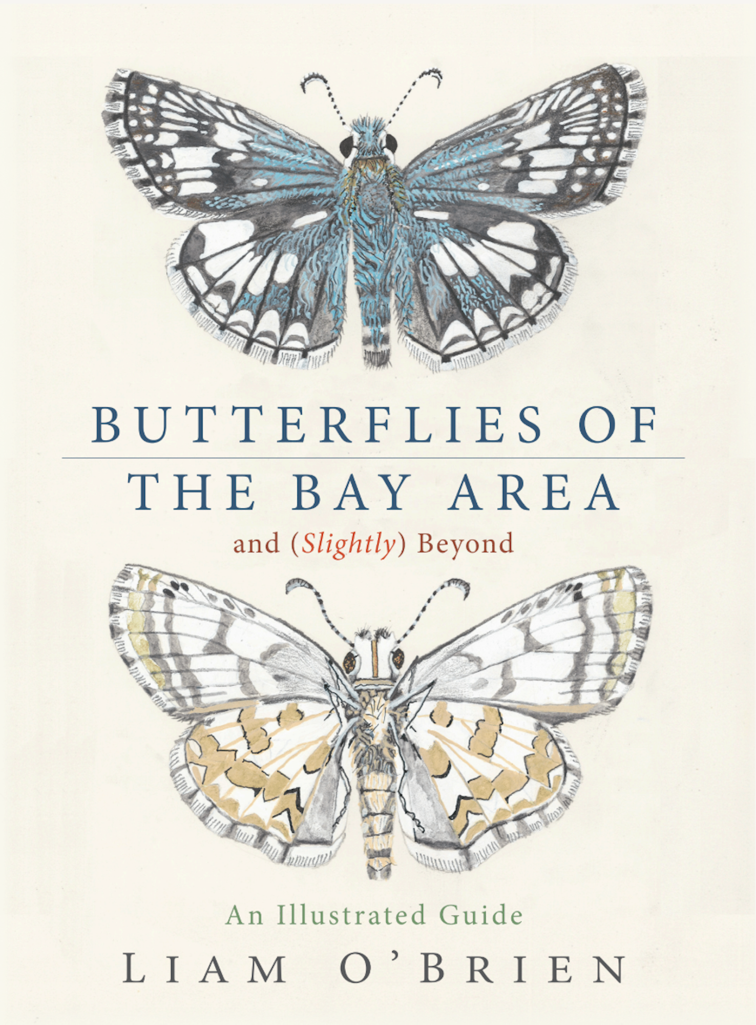 A book cover featuring detailed illustrations of a blue, black and white butterfly, and a white and yellow butterfly.