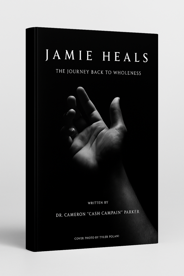 A black and white book cover shows an extended palm in the midst of darkness. 