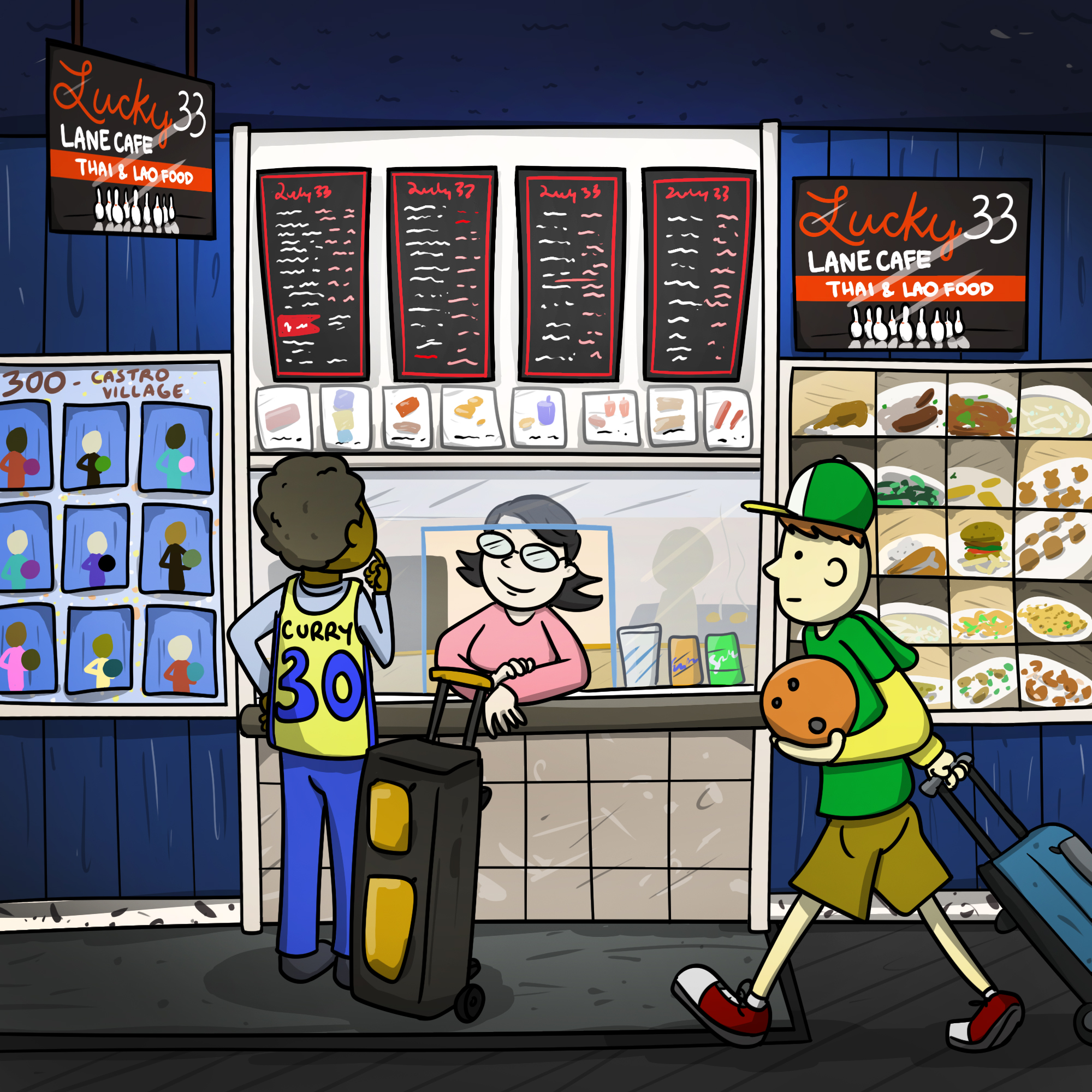 Illustration: A customer ordering at the food window inside a bowling alley.