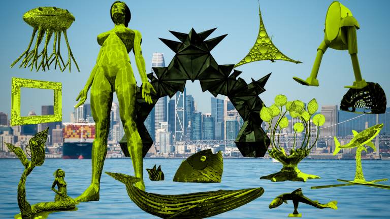 collage of sculptures superimposed over city skyline