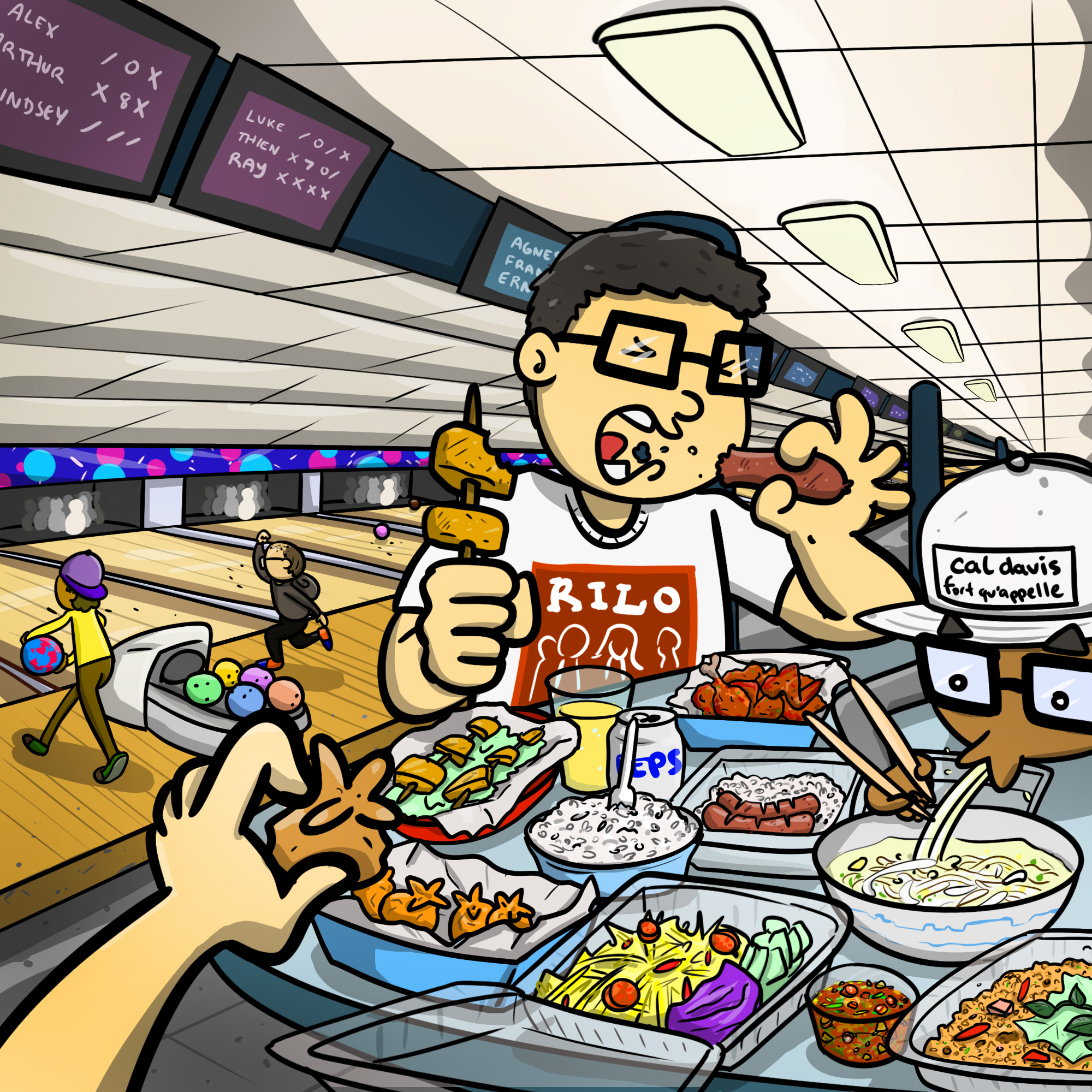 Illustration: Two men eating a spread of food inside a bowling alley.