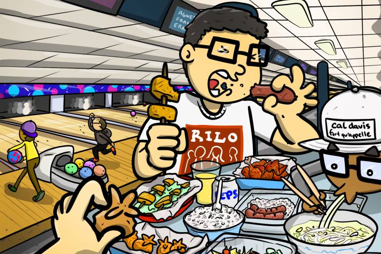 Illustration: Two men eating a spread of food inside a bowling alley.