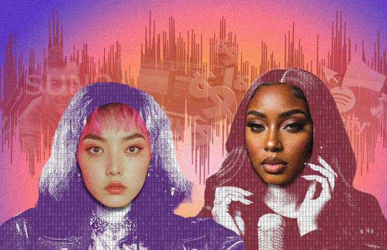 A collage features two AI-generated young women's faces superimposed over dollar signs and logos from tech companies like Suno and Spotify.