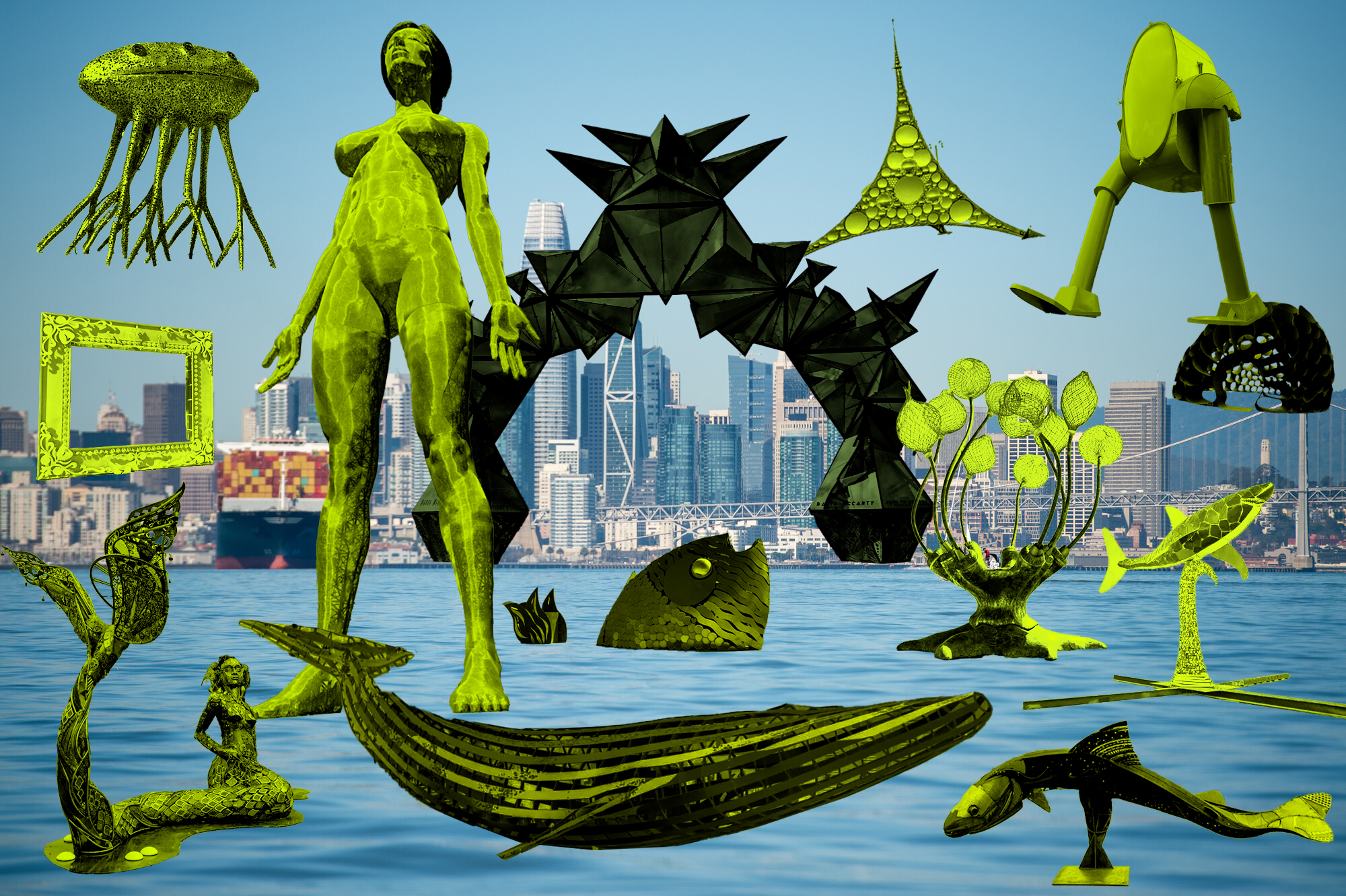 collage of sculptures superimposed over city skyline