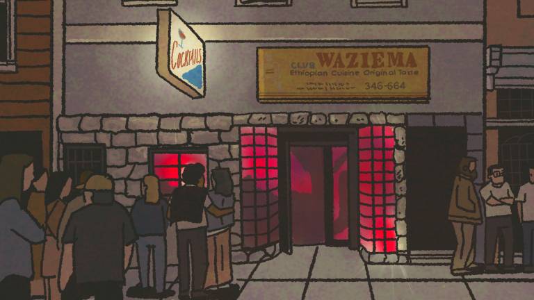 Illustration: Exterior of a bar with a crowd of people outside. The sign says, "Cocktails".