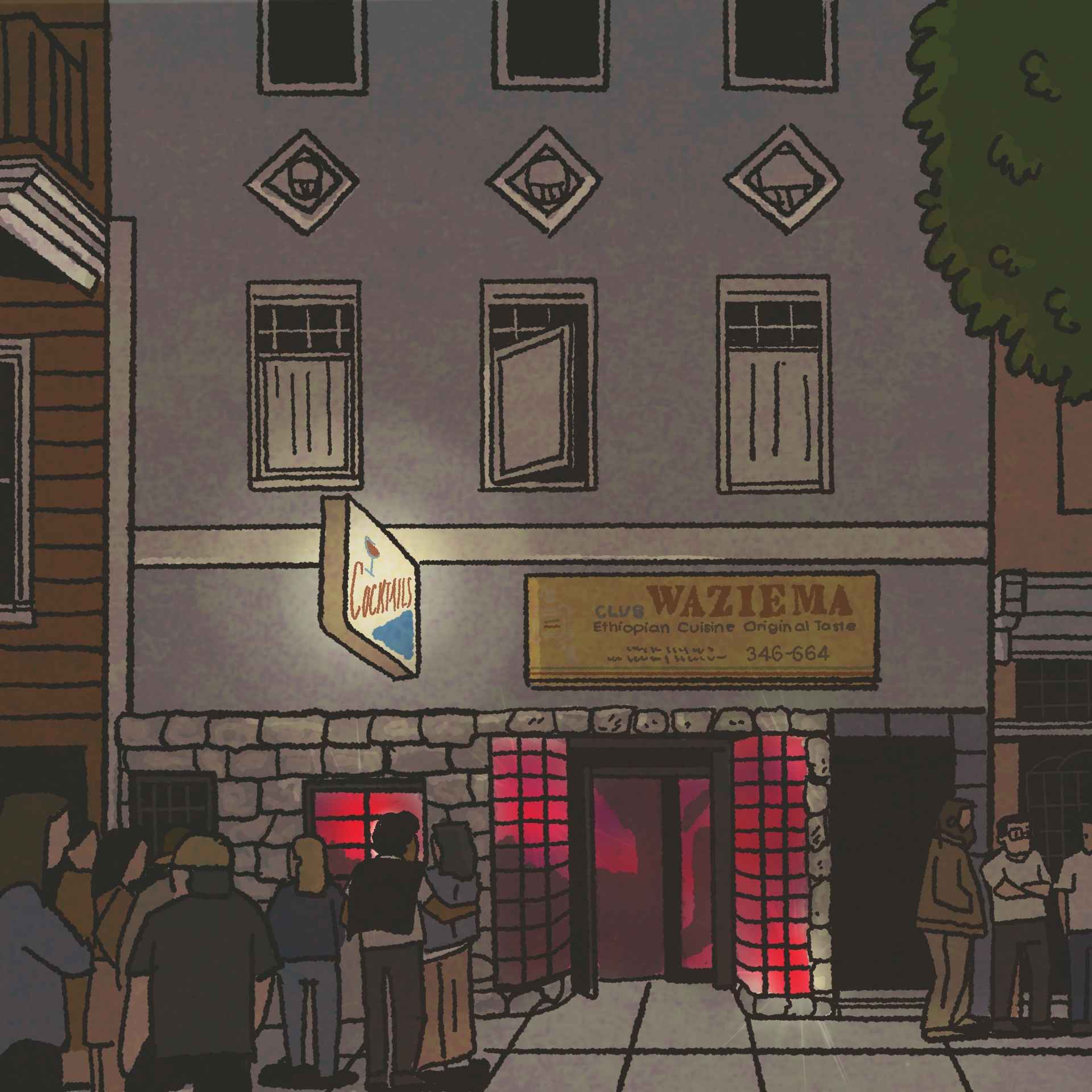 Illustration: Exterior of a bar with a crowd of people outside. The sign says, "Cocktails".
