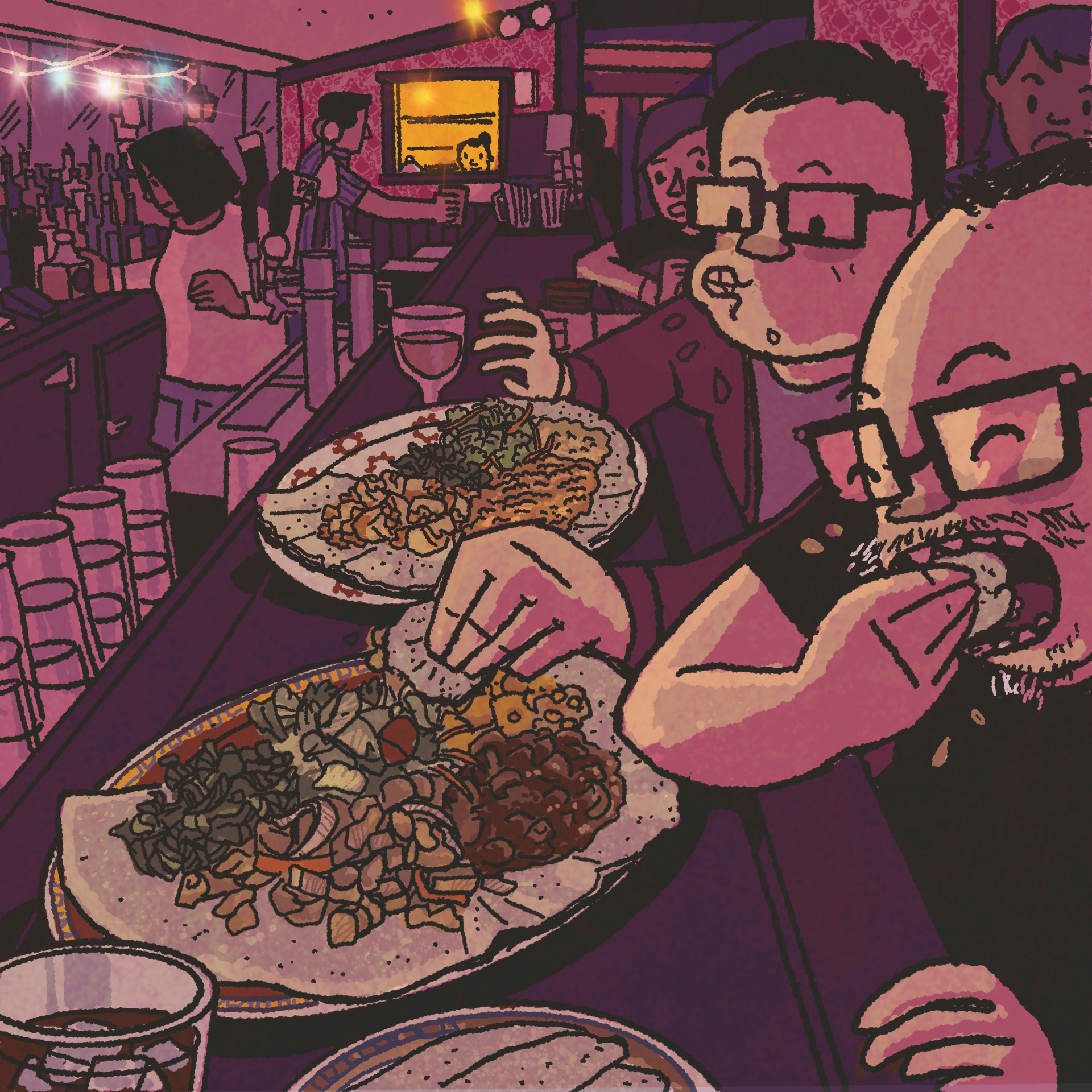 Illustration: Two men sit at a bar counter devouring plates of Ethiopian food.