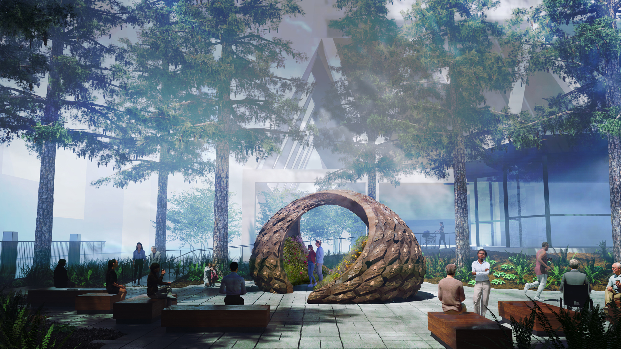 misty rendering of torus-shaped earth sculpture in redwood grove