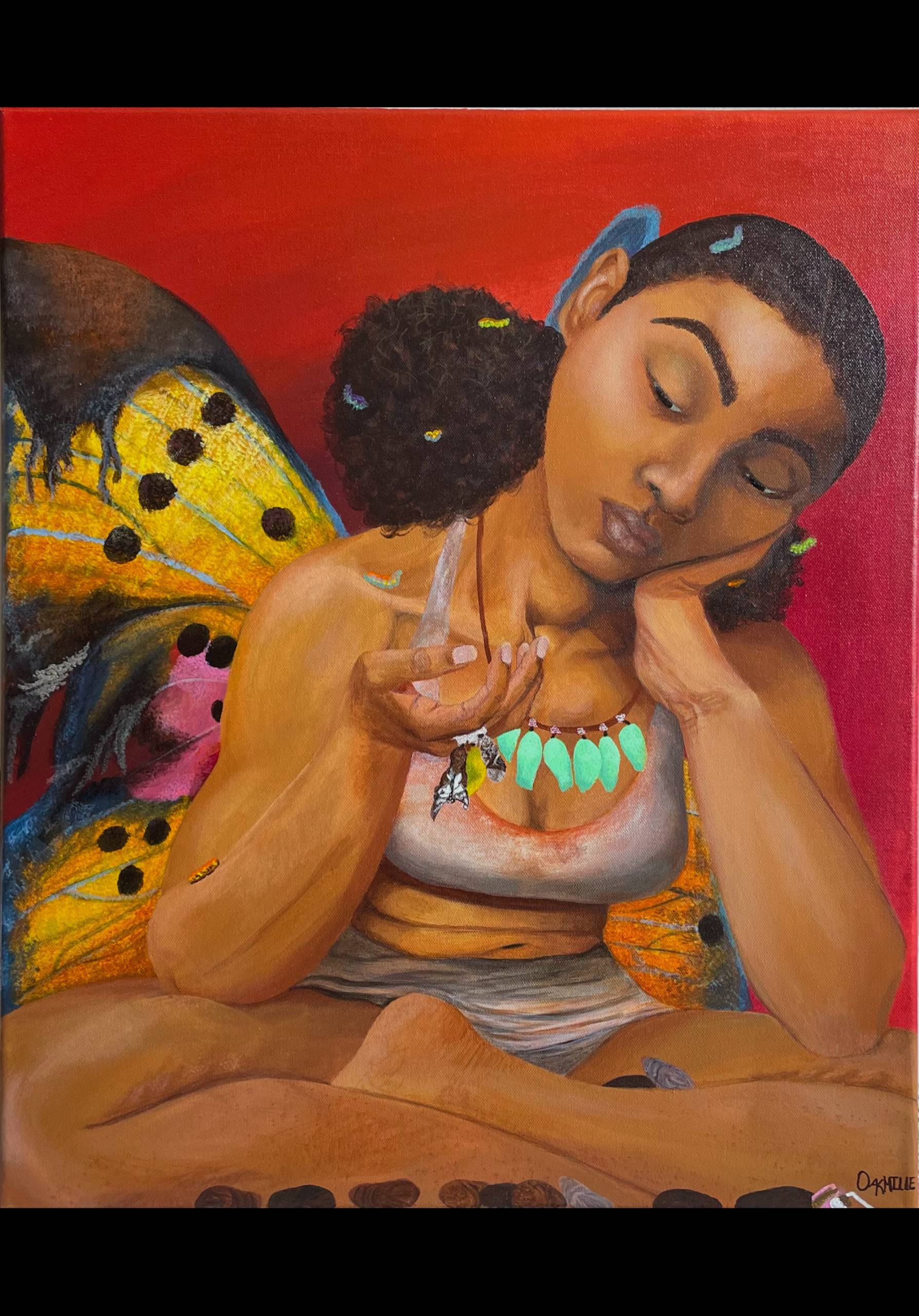 A painting of woman with brown skin and butterfly wings on her back, sitting in the lotus position, holding a butterfly in her right hand. 