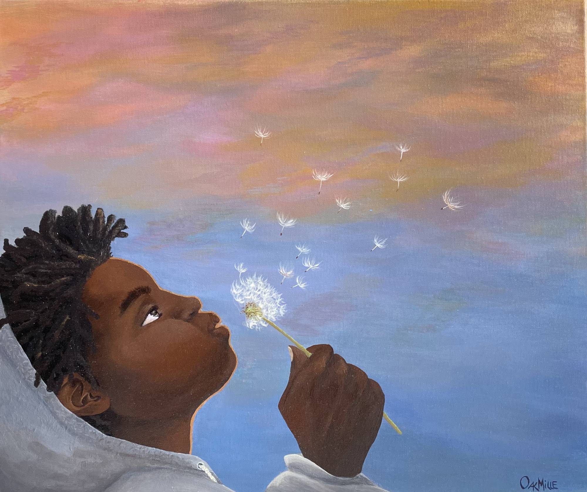 A painted image of a person with short locs and a grey hoodie blowing a dandelion into the wind. 
