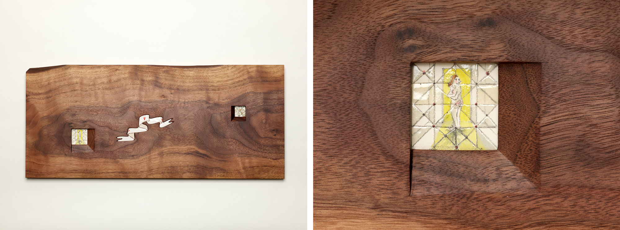dark wood inlaid with delicate painted tile, detail on right