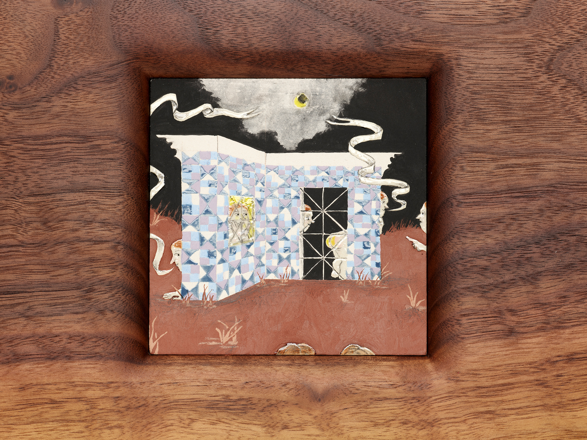 drawn and painted scene of people peeking around structure