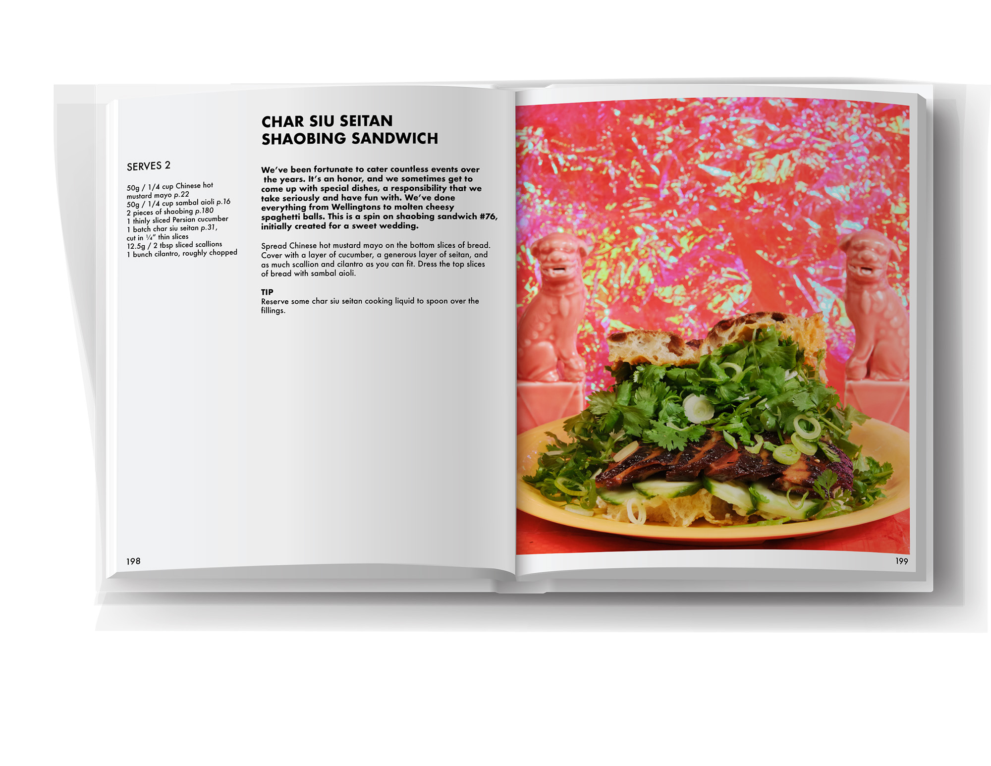 Two-page spread from a cookbook shows a recipe for a char siu seitan shaobing sandwich.