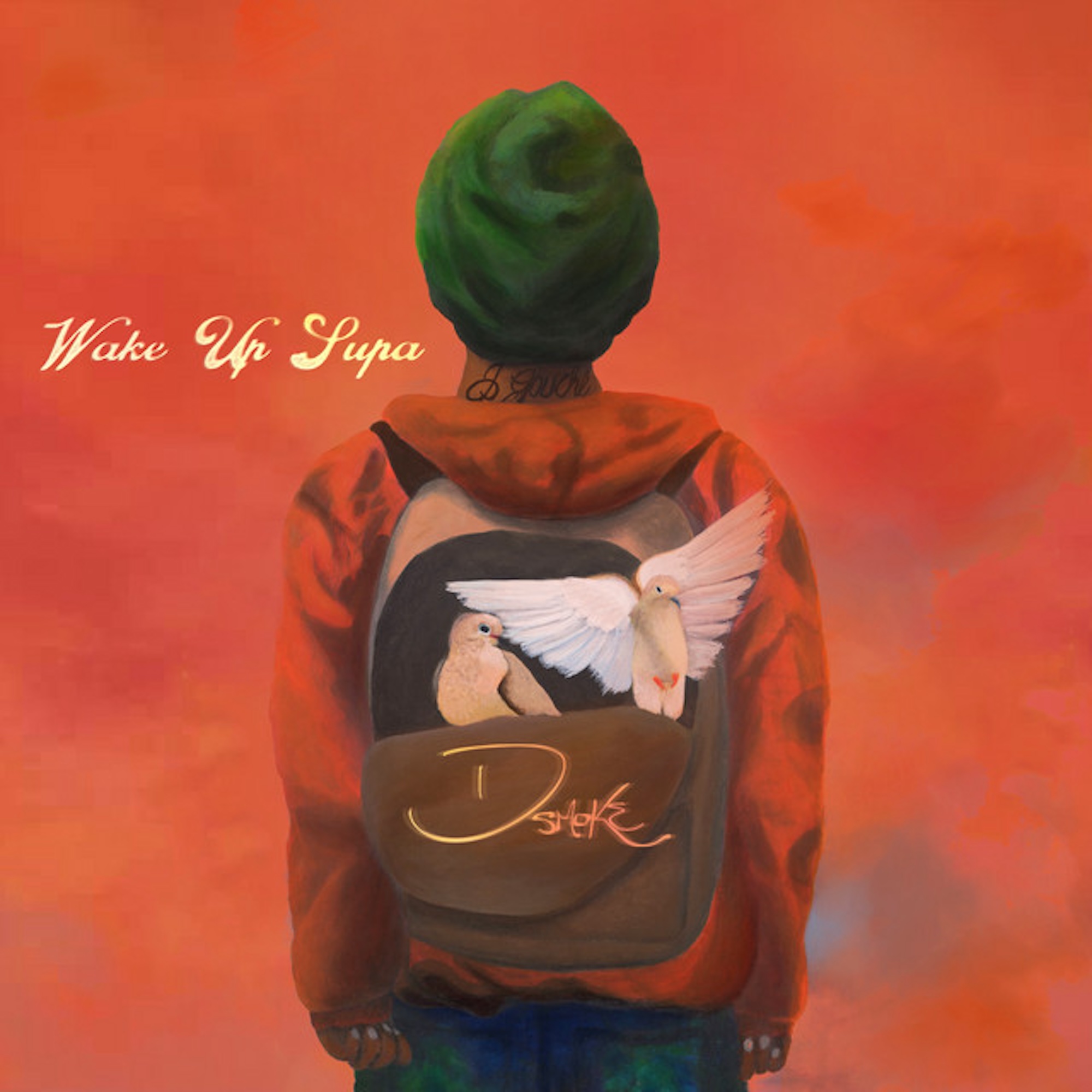 A painted image of a person in a green beanie, burnt orange hoodie and a brown backpack with doves emerging from its open pockets. 
