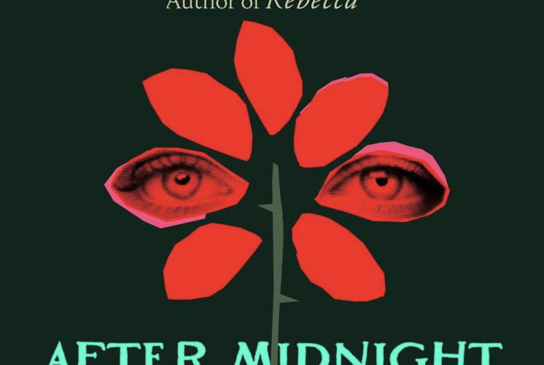 A book cover featuring the illustration of a simple red flower. There are human eyes visible on two of the petals.