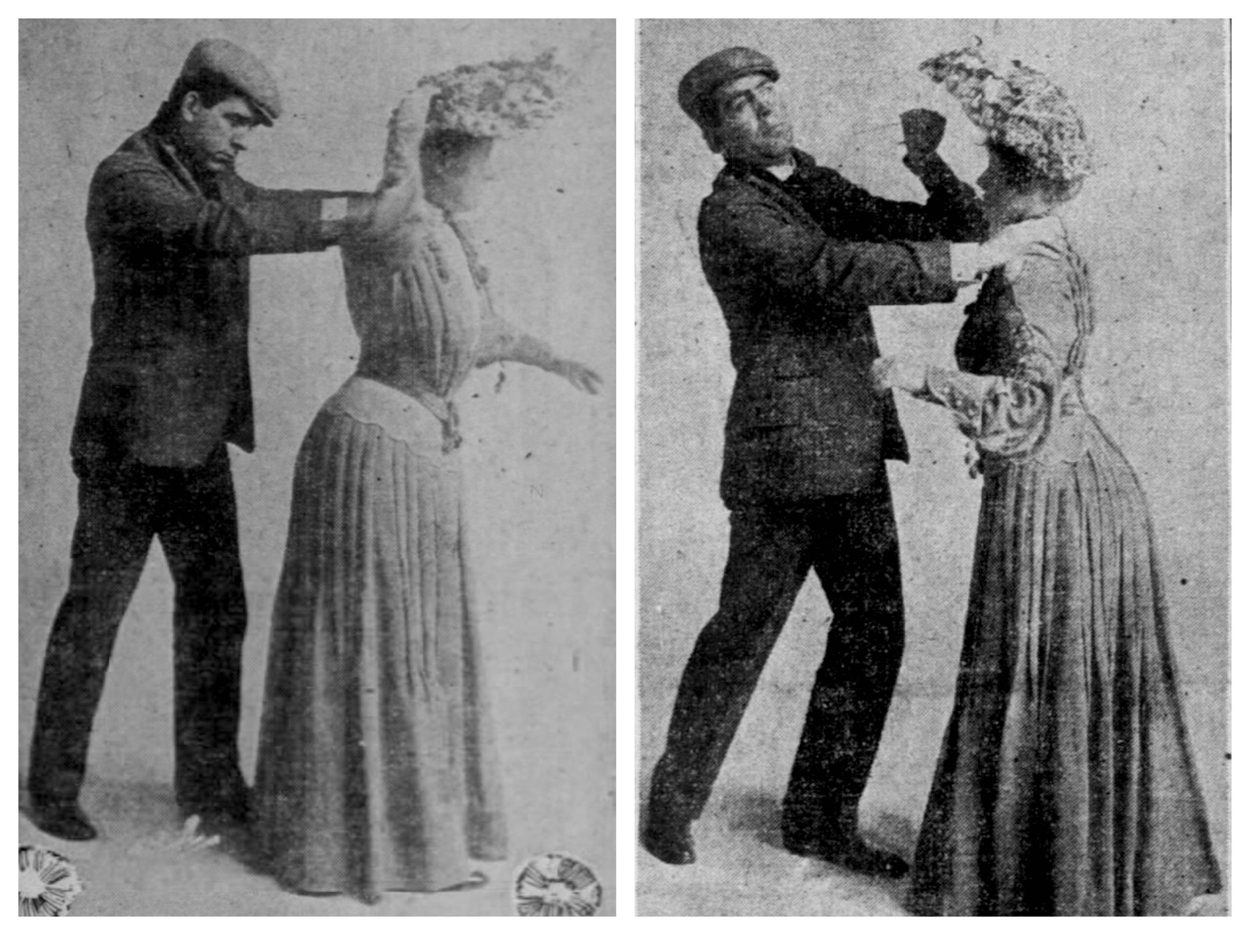 Two grainy images of a Victorian man and woman. In the first, he is grabbing her from behind and she is reaching into the back of her hat. In the second, she is facing the man, making a stabbing motion with a pin as he recoils.