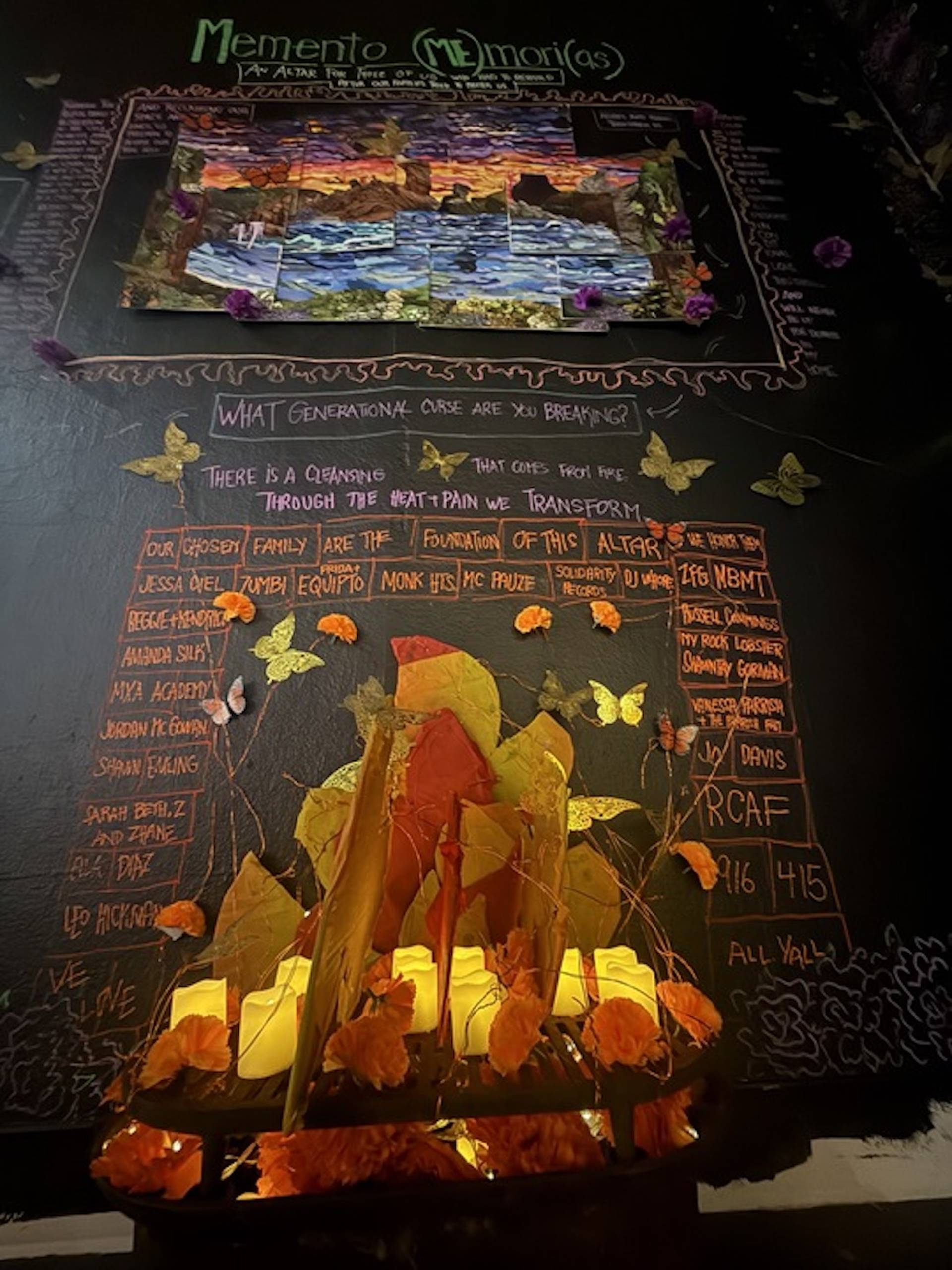 A close-up of a painted wall made in the image of an altar. 