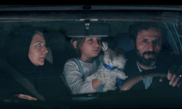 Sitting in a car at night is a middle eastern family. In the passenger seat, a woman wearing a hijab, in the rear seat clutching a fluffy white toy is a small girl and in the driver's seat is a tired-looking bearded man.