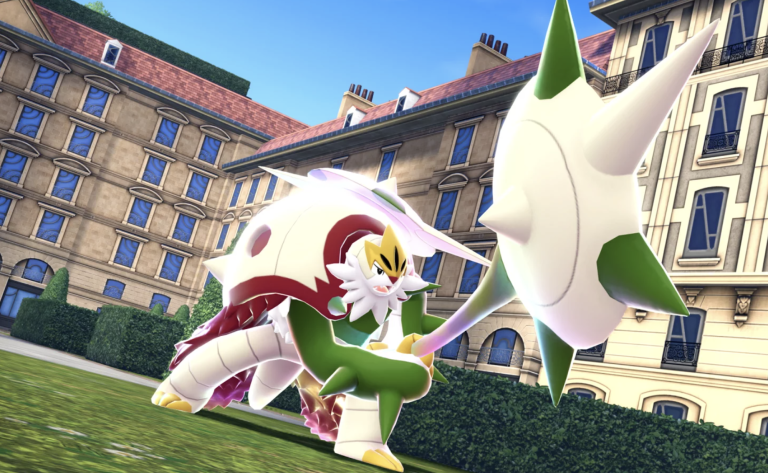 A computer game features strange armor-wearing creature in the courtyard of a large apartment building.