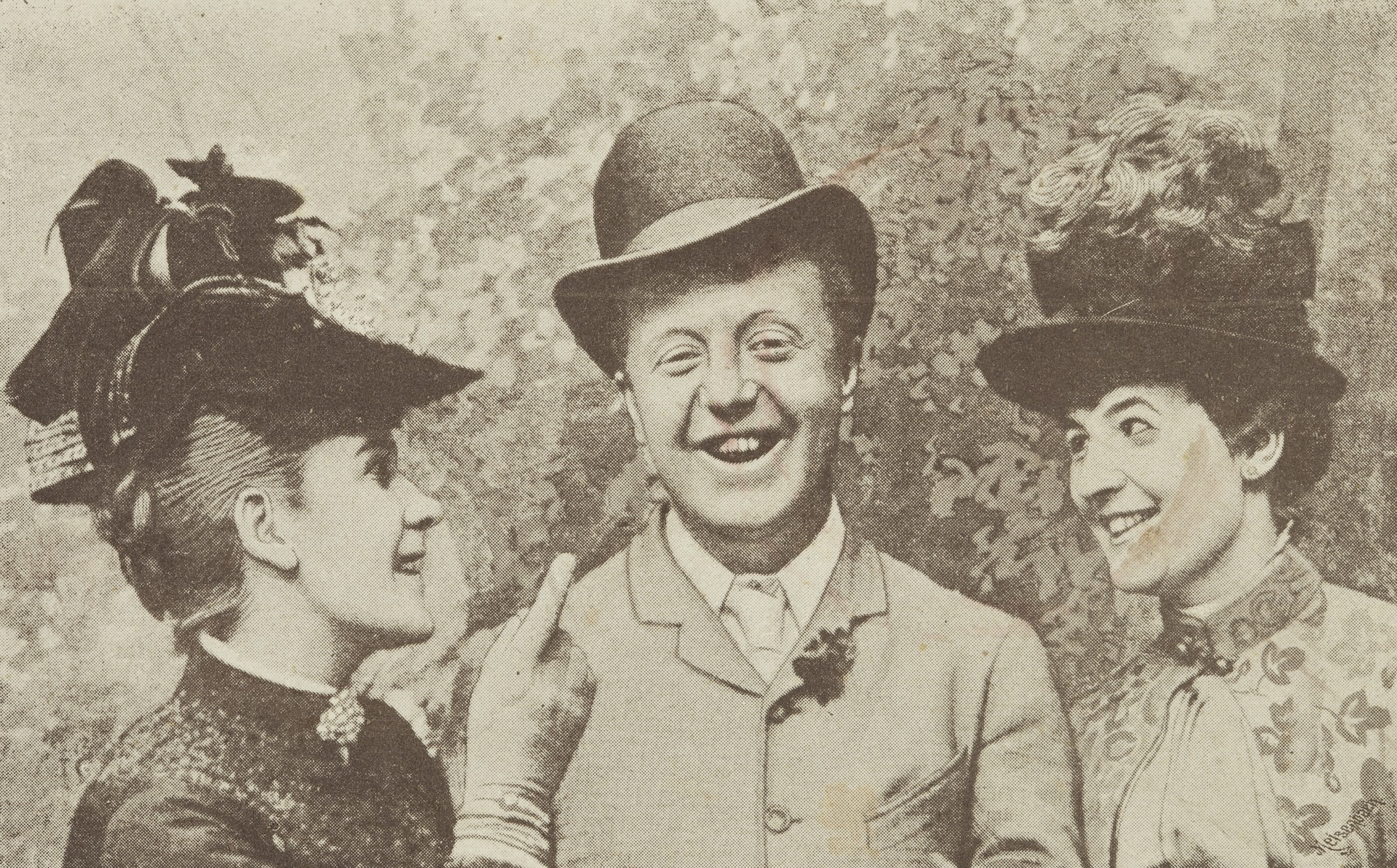 A white Victorian man in a tall bowler hat laughs heartily. Two white women in elaborate Victorian hats stand either side of him, smiling at him. One of them is pointing a finger at his face.