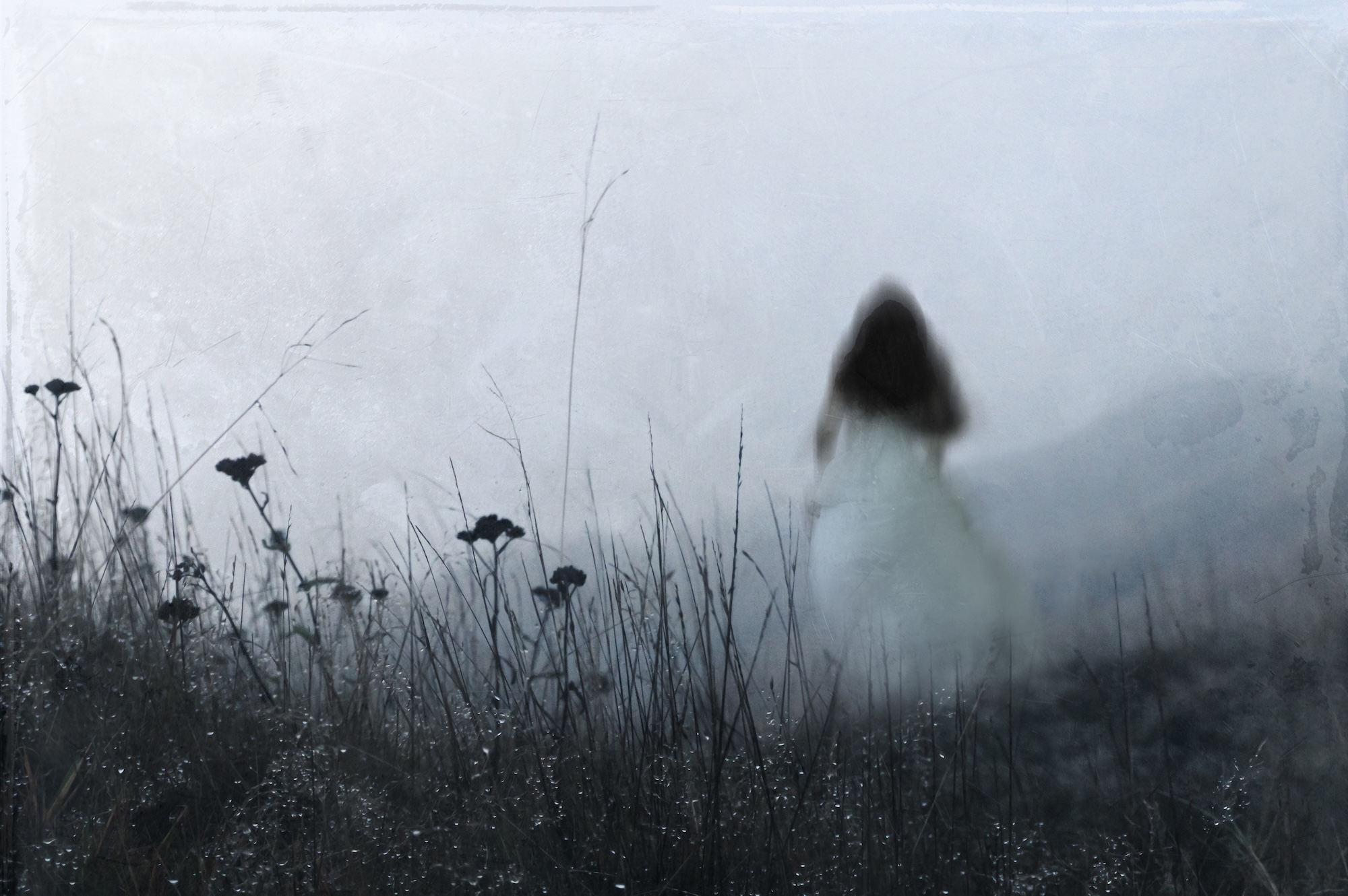 An out of focus, bluurred ghostly woman wearing a white dress, running away from the camera. On a misty winters day in the countryside. With an artistic, textured, edit.