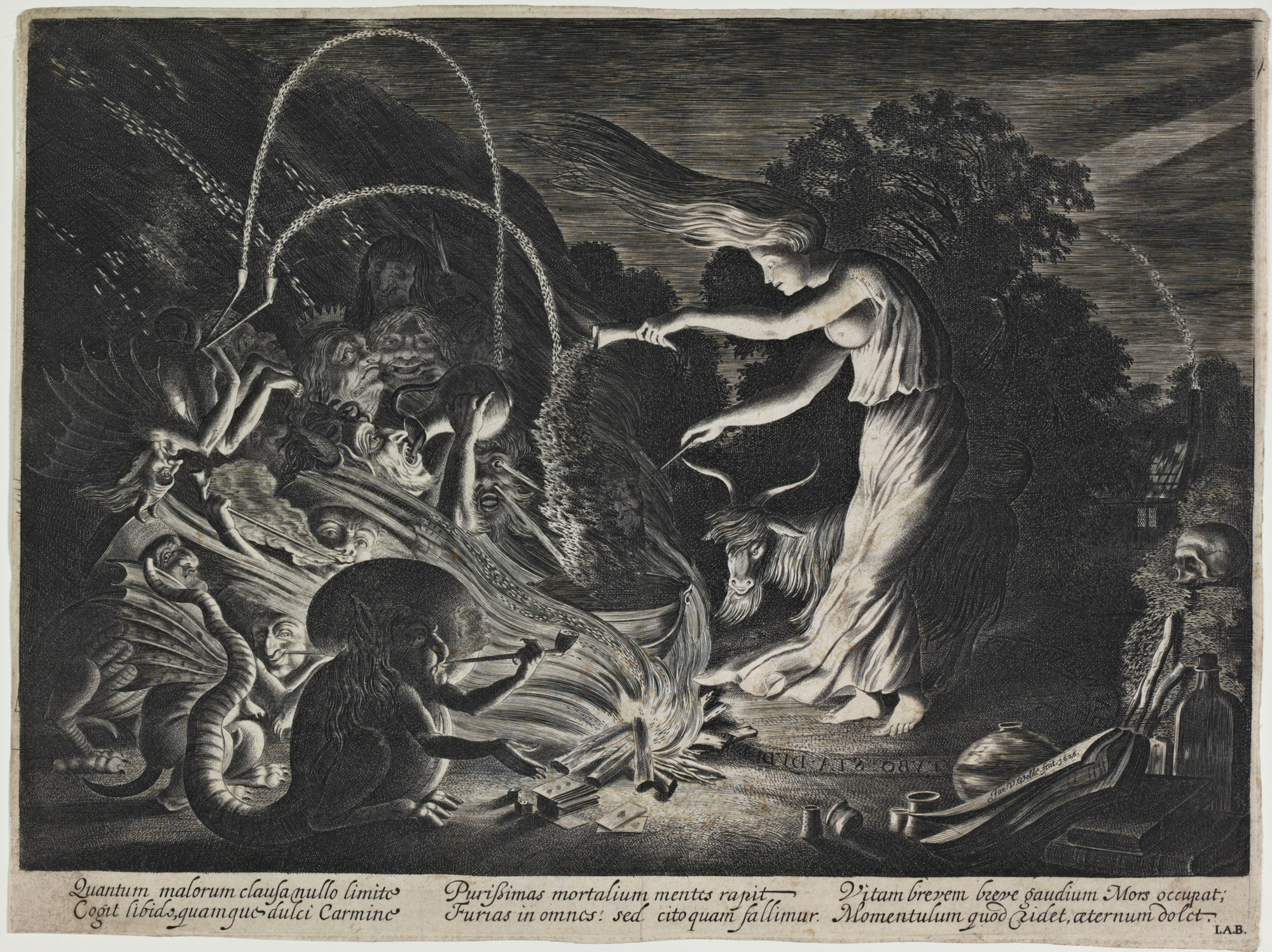 print of woman conjuring spirits at night
