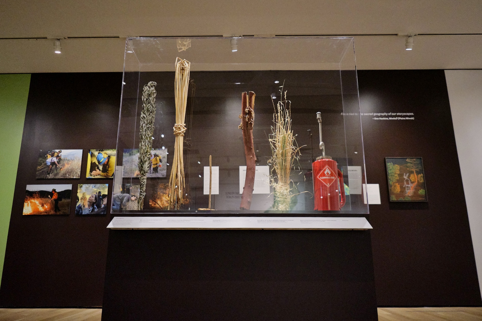 An exhibition display features kindling for controlled burns.