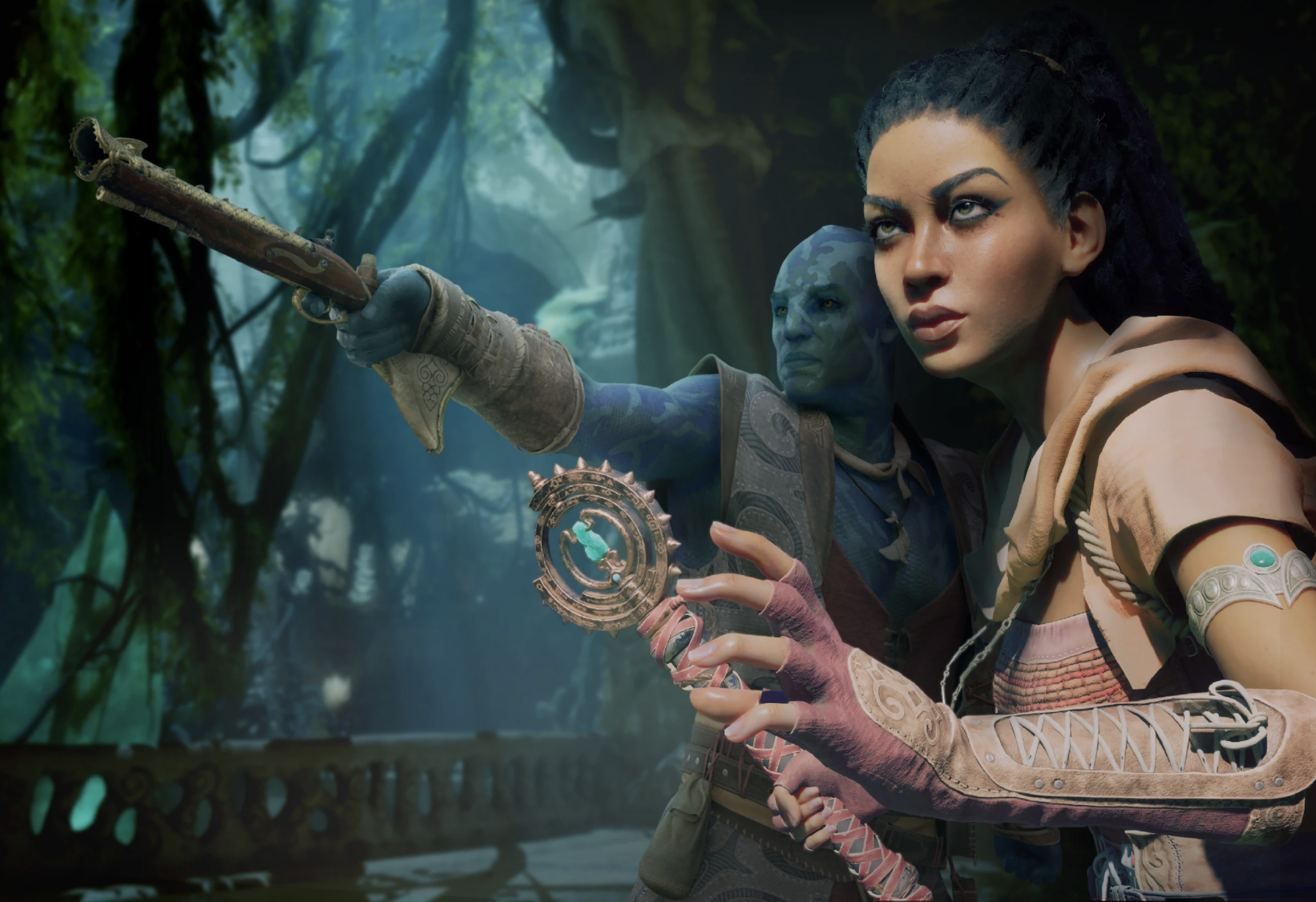 A dark-skinned woman in warrior attire stands poised in dense foredt, alongside an alien creature.