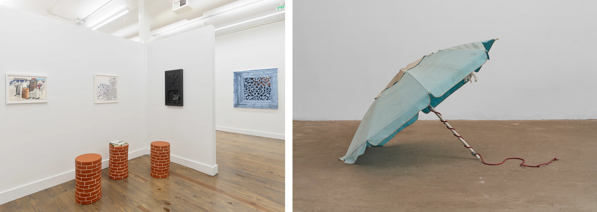 view of gallery with wall works and brick-patterned stools, image of parasol leaning on ground