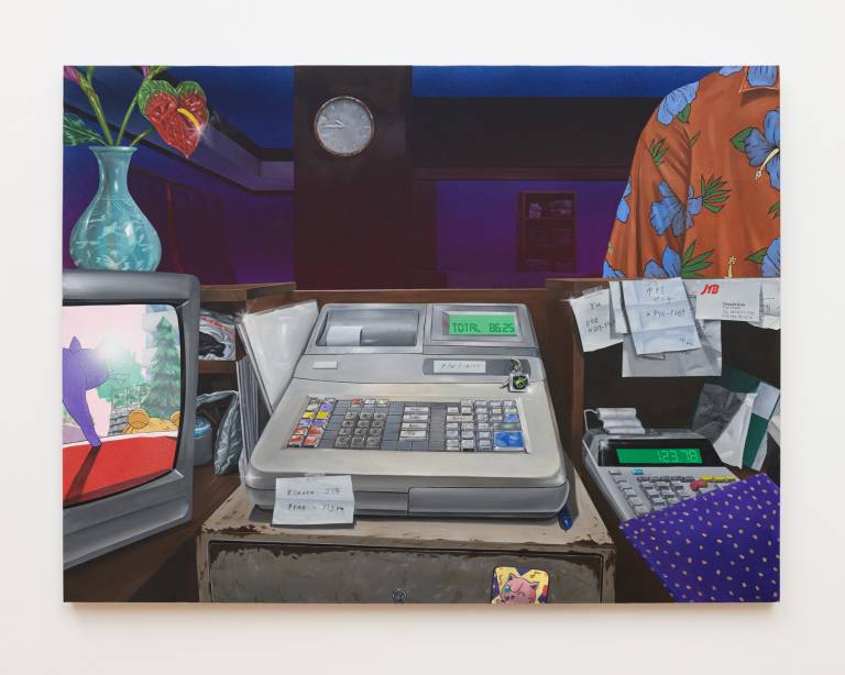 Painting: On a cluttered countertop, there is a cash register, a television set, and several handwritten notes.
