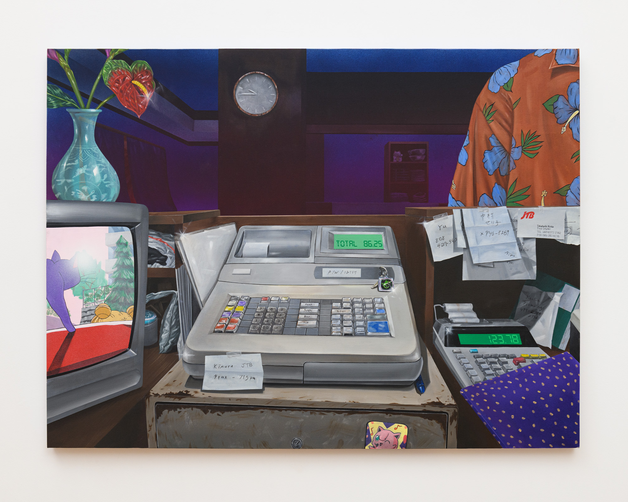 Painting: On a cluttered countertop, there is a cash register, a television set, and several handwritten notes.