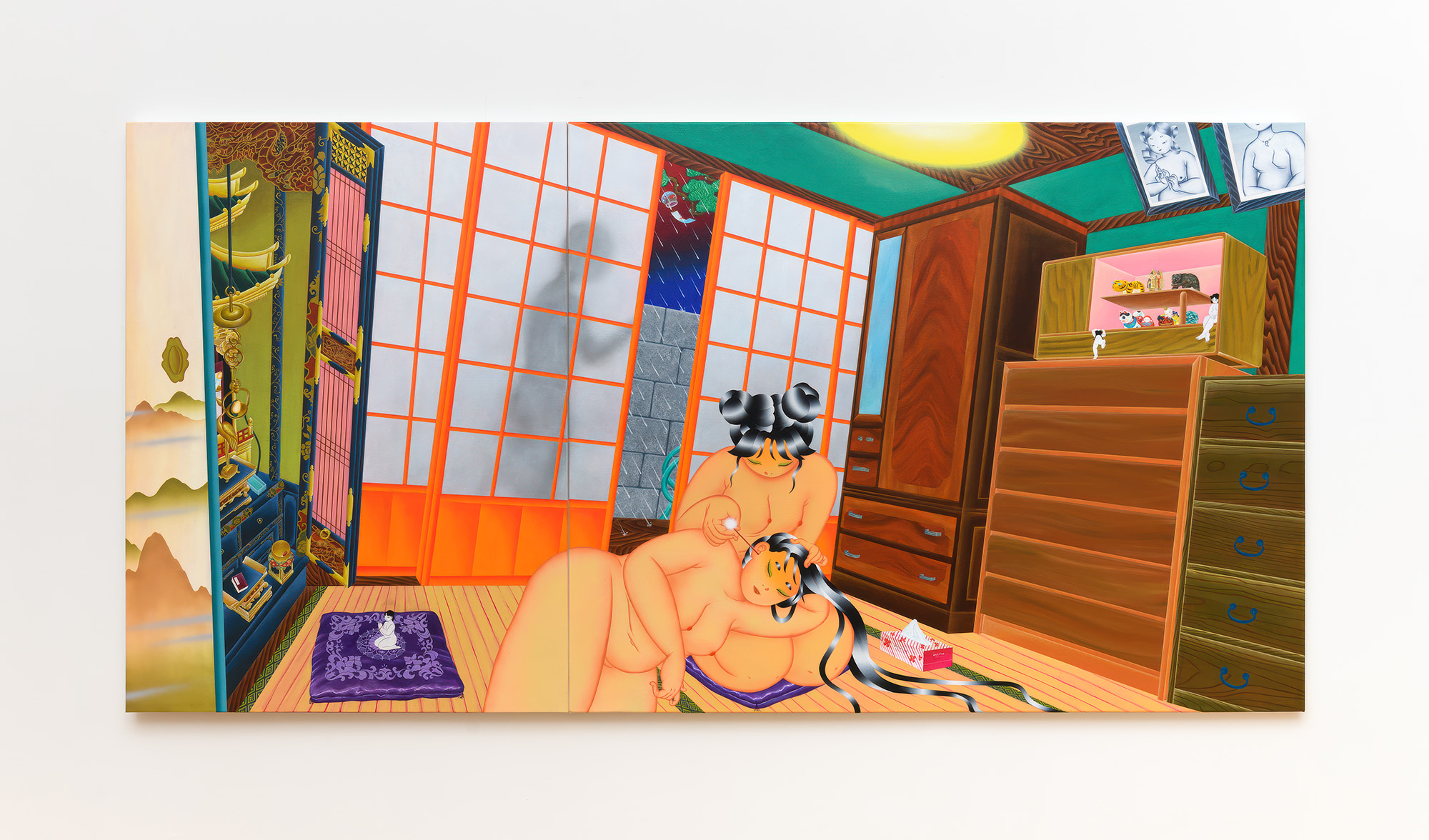 Painting: Inside a traditional Japanese room, two nude Asian women. One cleans the ears of the other with a pick while her companion reclines in her lap.