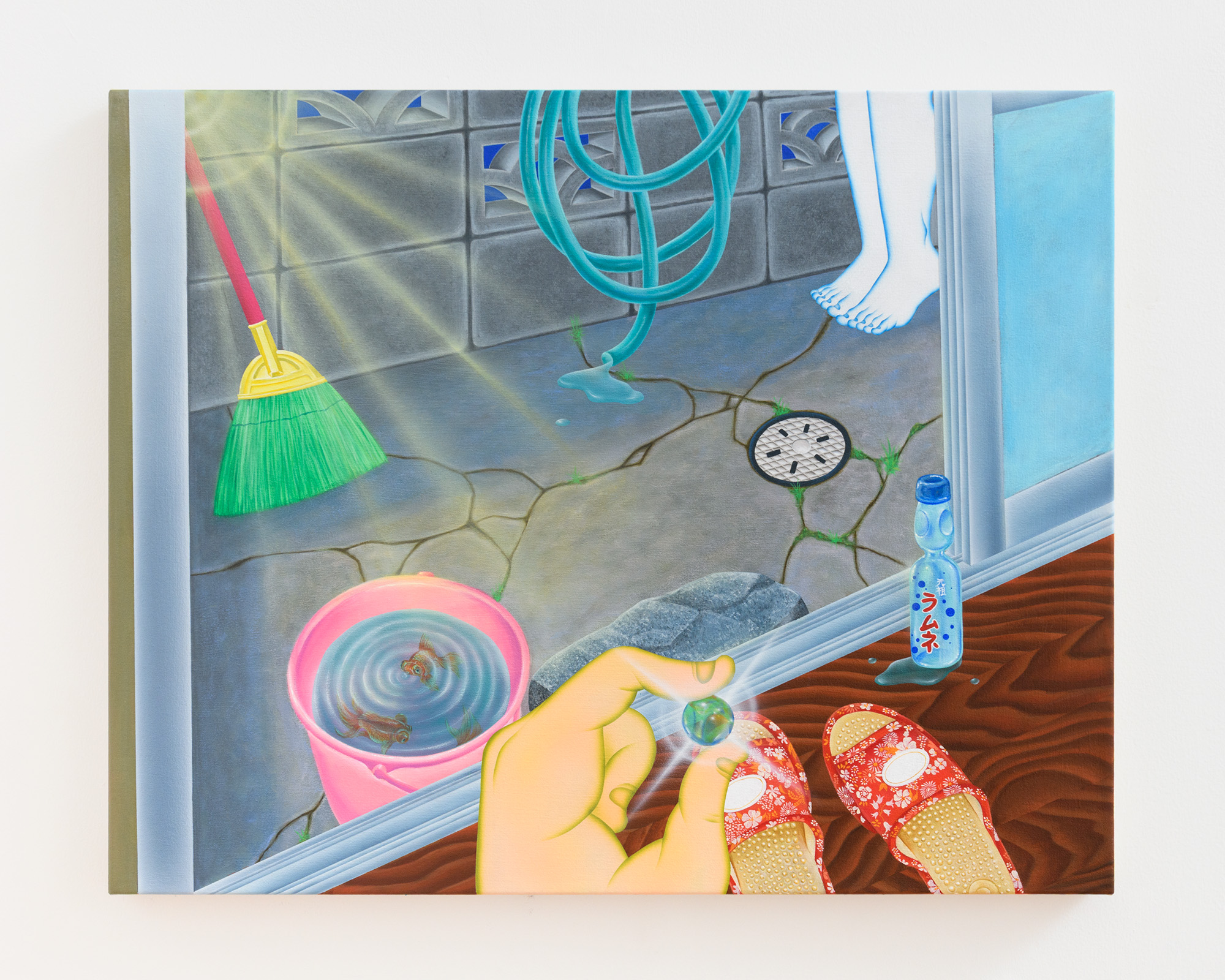 Painting: A hand holds a marble taken from a Japanese soda bottle on the floor below.