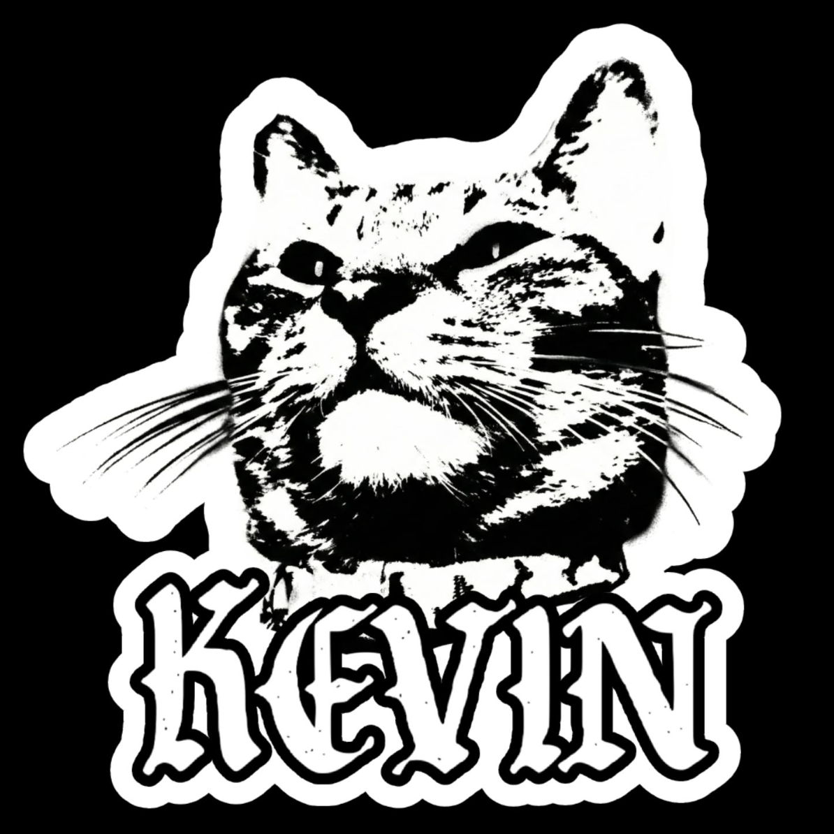 A black and white sticker showing the face of a young cat with KEVIN written in block letters underneath.