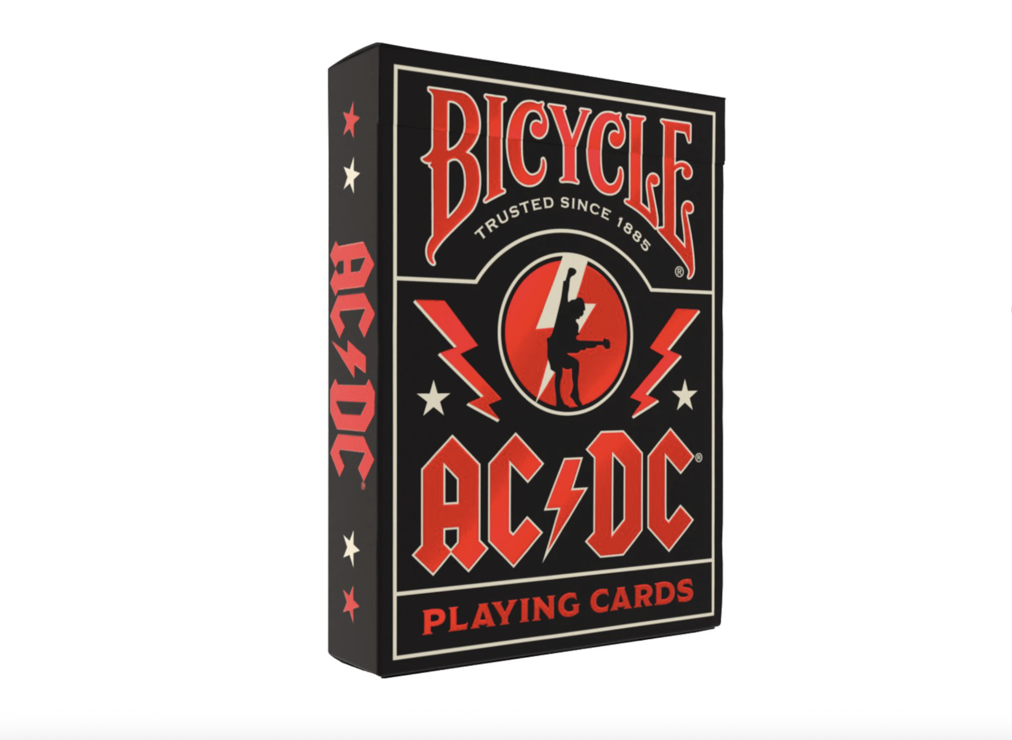 A black and red box of playing cards including the AC/DC logo and a silhouette of guitarist Angus Young performing.