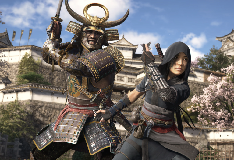 Traditional Japanese warriors pose with weapons, ready to fight in front of a hillside of traditional Japanese buildings.