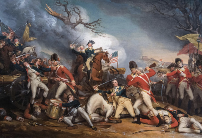 A dramatic, bloody painting depicts a battle from the American revolution.
