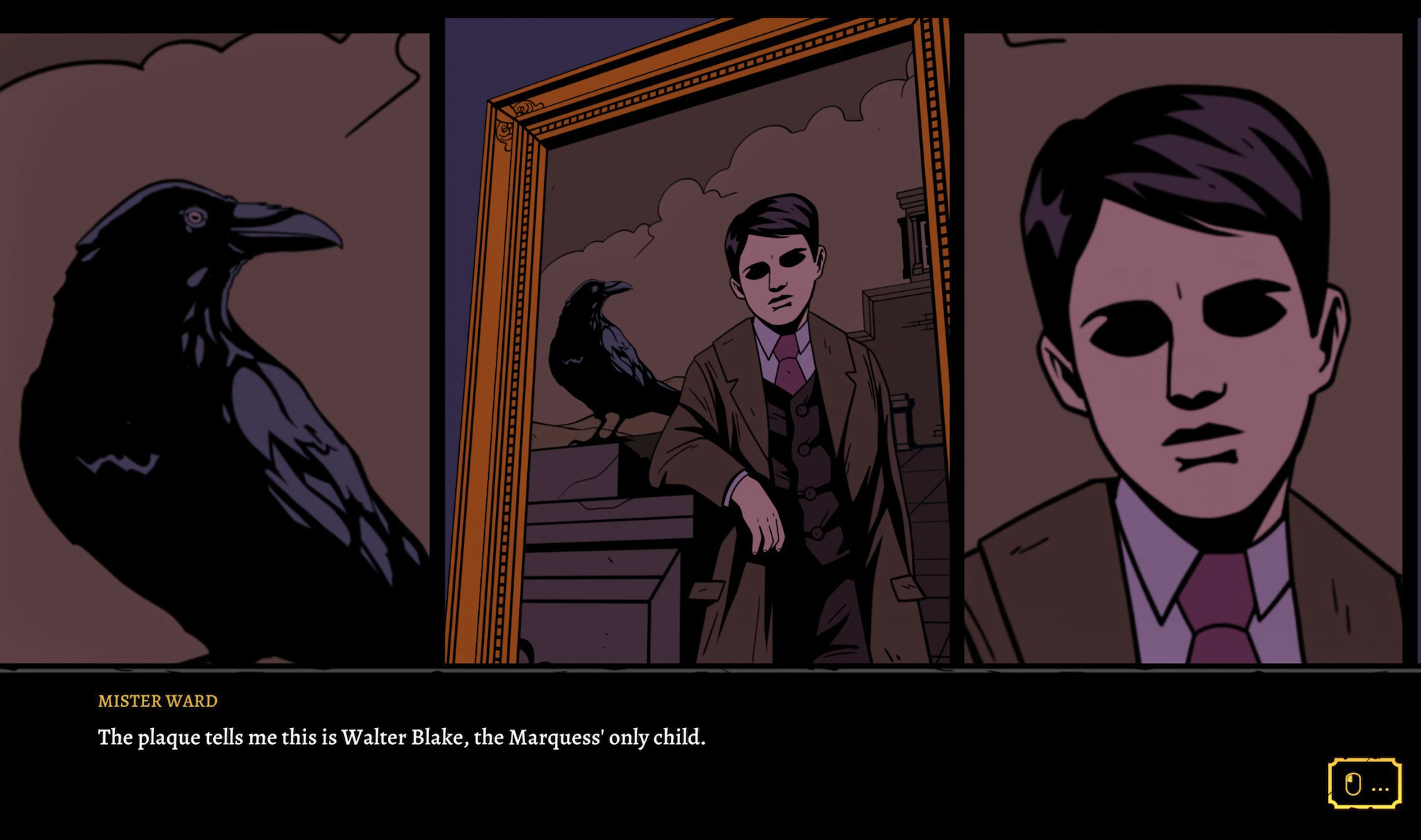 Video game graphics showing a crow seated close to the portrait of an eyeless boy holding a crow.