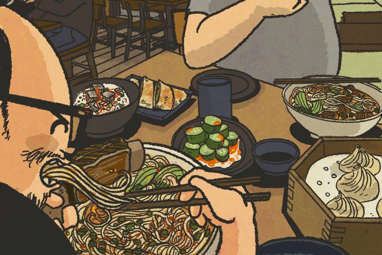 Illustration: Man devours a bowl of Chinese noodles. On the table are other assorted dishes: a cucumber salad, a steamer of soup dumplings, beef pancake, and bowl of salmon fried rice.