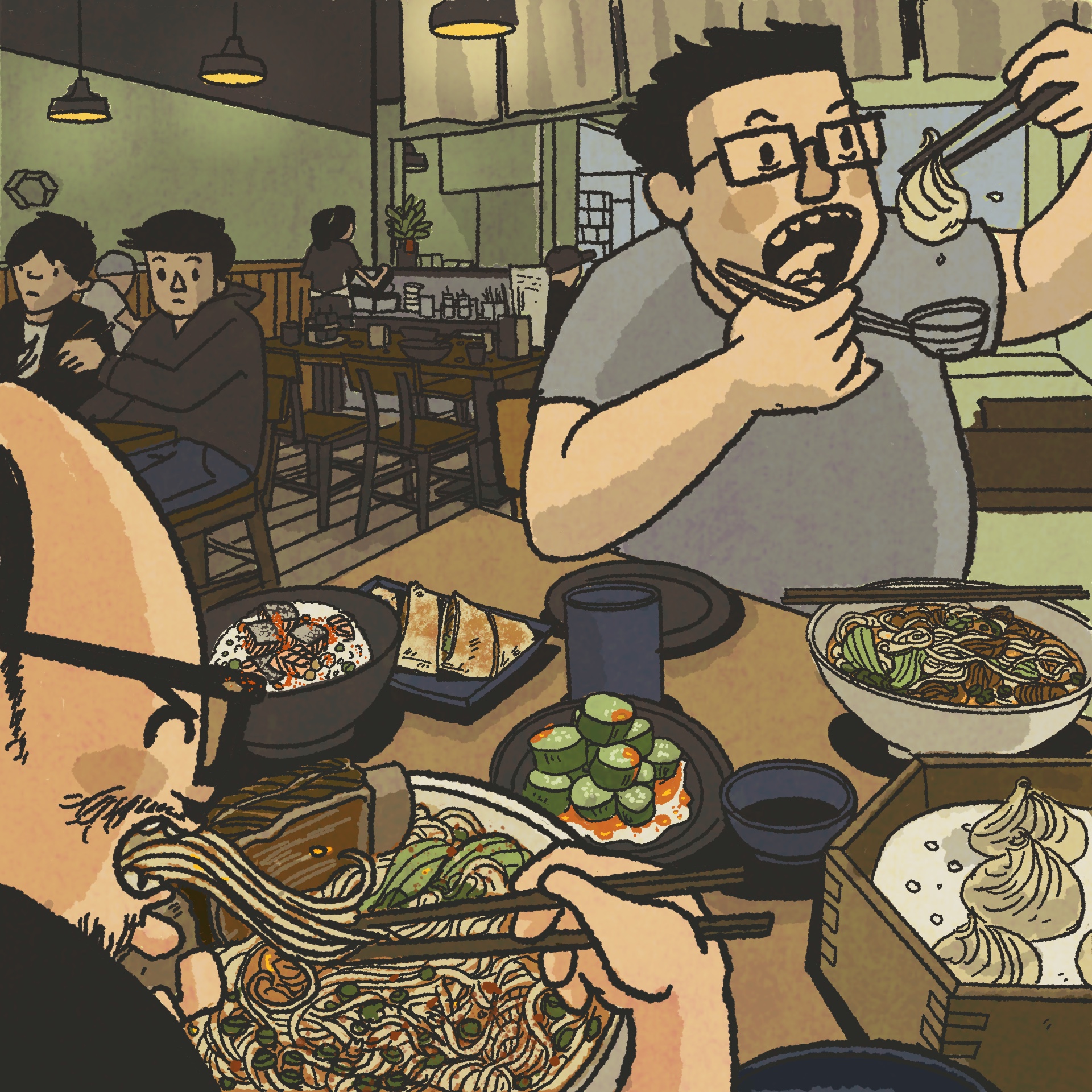 Illustration: Man devours a bowl of Chinese noodles while his companion prepares to eat a soup dumpling. On the table are other assorted dishes: a cucumber salad, a steamer of soup dumplings, beef pancake, and bowl of salmon fried rice.
