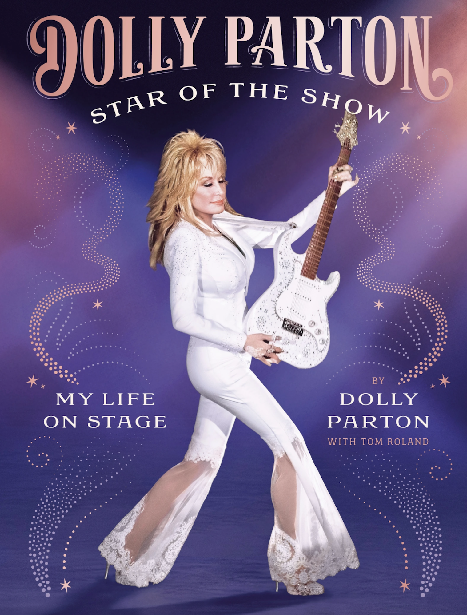 A book cover featuring Dolly Parton in a white bell-bottomed jumpsuit, holding a white guitar aloft. Her eyes are closed.